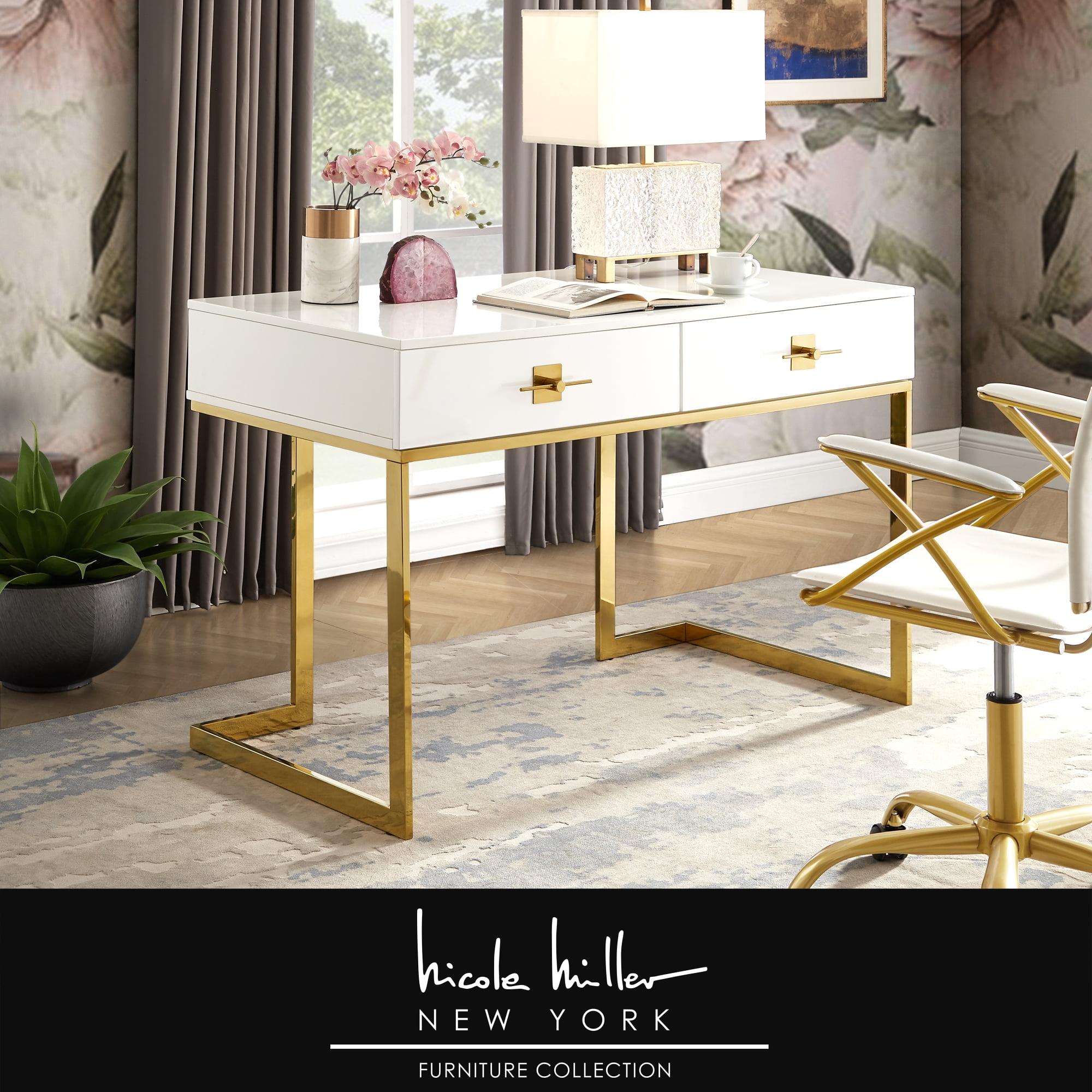 Nicole Miller Meli Writing Desk 2 Drawers Hight Gloss Lacquer Finish