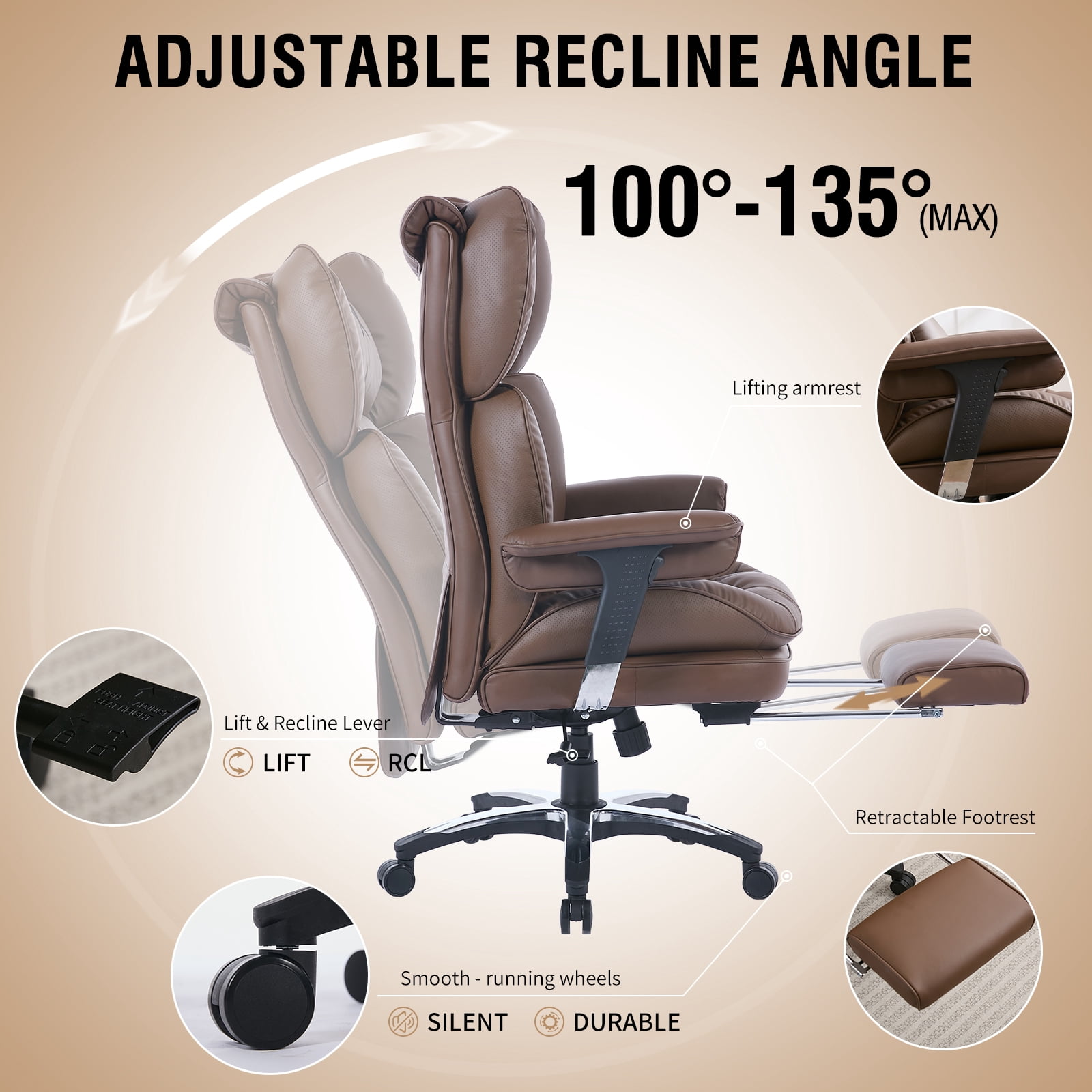 ATMILD 400lbs Big and Tall Ergonomic Office Chair Comfortable PU Leather Executive Desk Chair with Footrest and Lumbar Support (Brown)