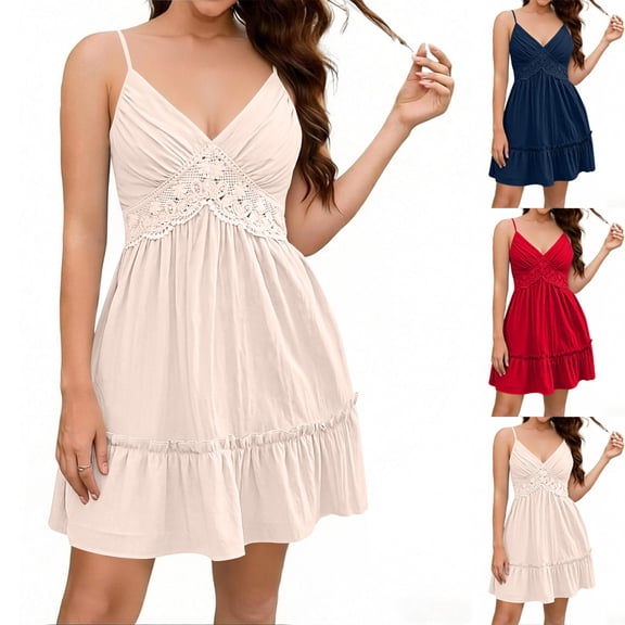 RYDCOT Women's Summer Dresses V Neck Spaghetti Strap Sundress Solid Color Casual Beach Flowy Mini Dress Red