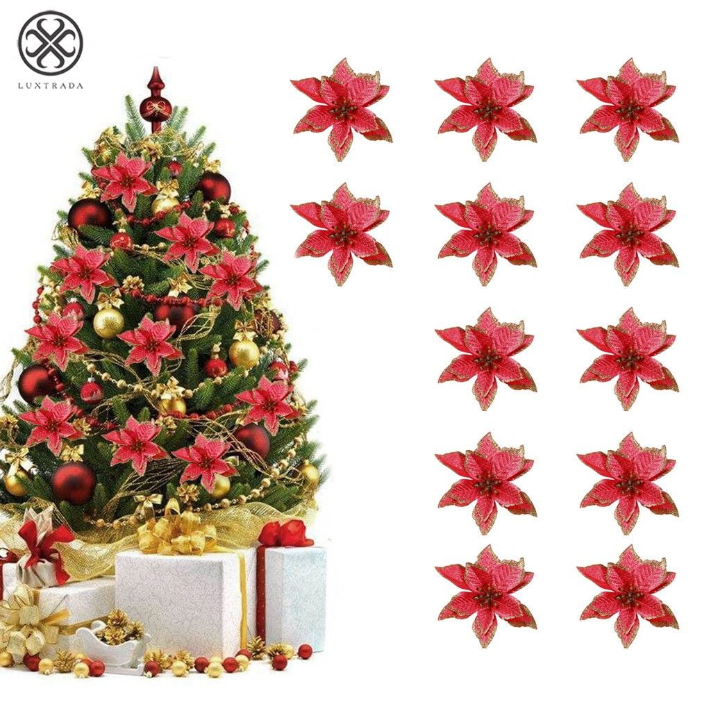 Luxtrada 5.91" 12pcs/set Artificial Flower Glitter Poinsettia Flowers For Christmas Tree