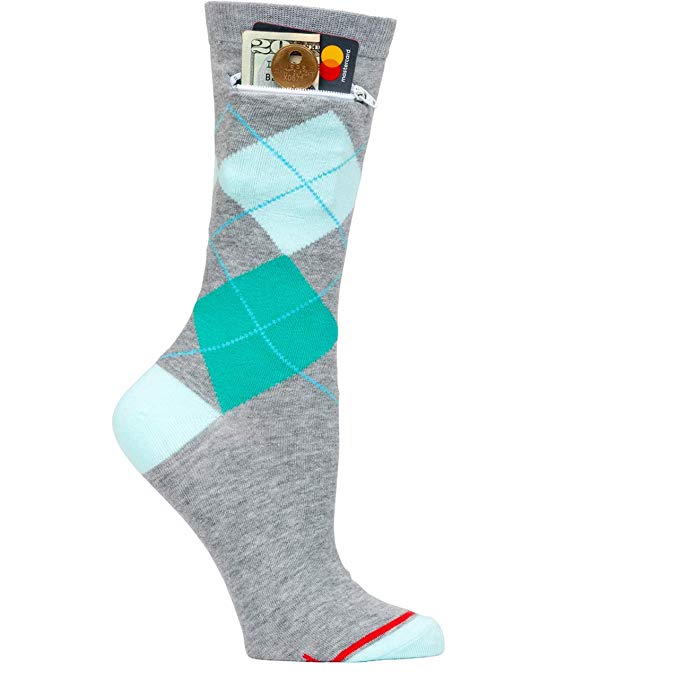 Pocket Socks Womens Fashion Crew Argyle Heather Grey & Green with