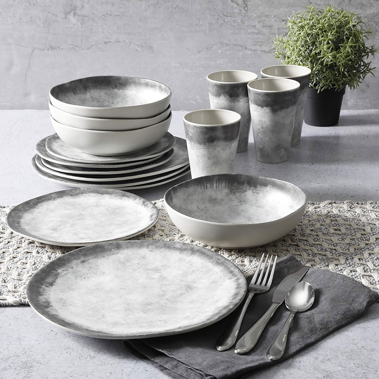 Gibson Home Granite Organic Round Melamine Dinnerware Set, Service for Four (16pcs), Marble