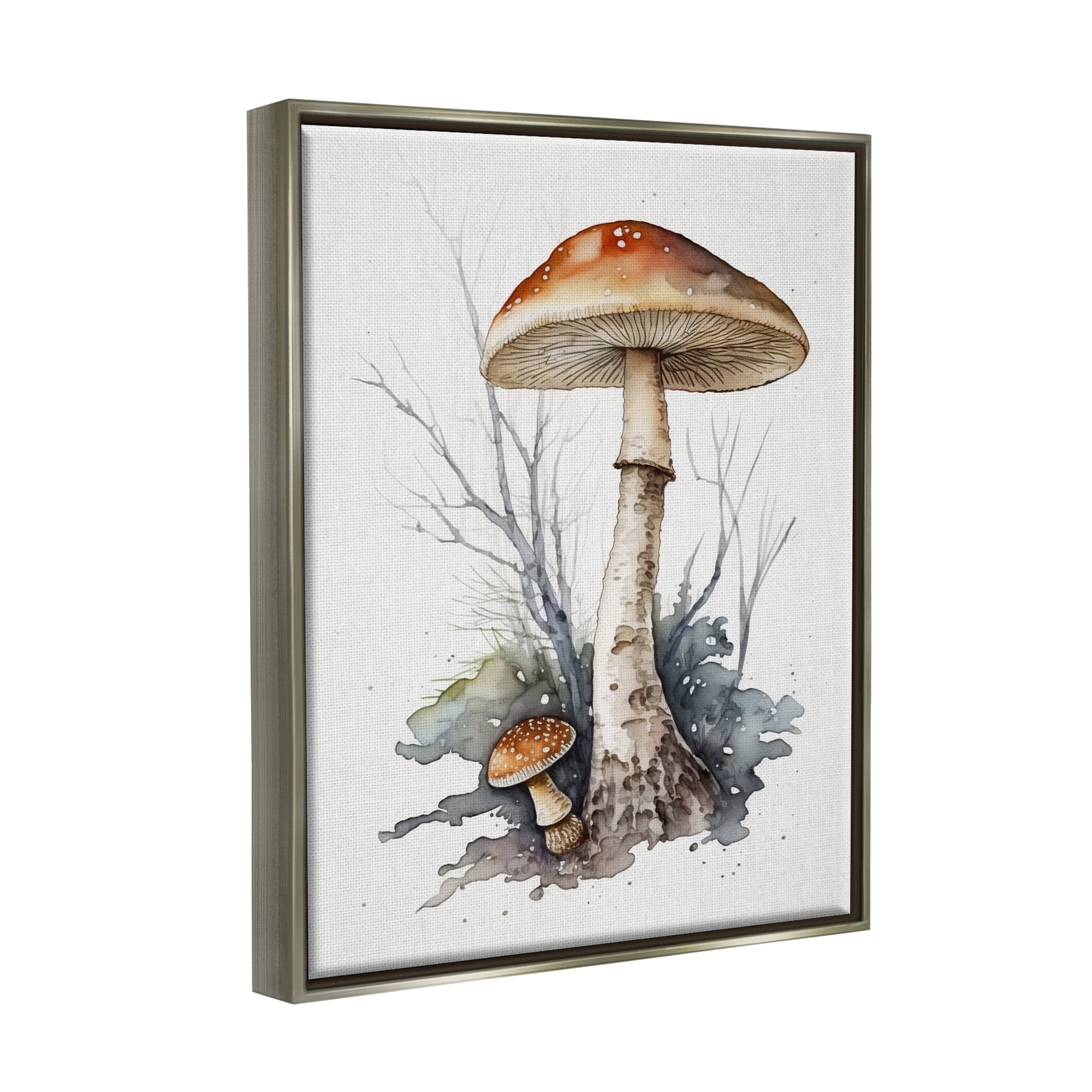 Stupell Industries Mushroom Watercolor Splash Botanical & Floral Painting Gray Floater Framed Canvas Art Print Wall Art, 25 x 31