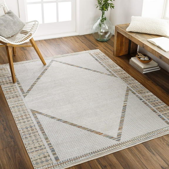 Mark&Day Washable Rugs, 5x7 El Dorado Global Beige Area Rug, Beige Brown Carpet for Living Room, Bedroom or Kitchen (5'3" x 7', Machine Washable)