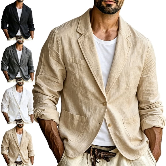 Zysthvn Fall Light Jackets for Men Casual Suit Cotton linen Mens Outerwear Lapel Solid Long Sleeve with Pockets Business