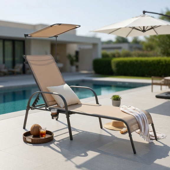 Hommoo Heavy-Duty 5-Position Adjustable Chaise Lounge Chair for Patio, Backyard & Poolside, Fabric & Metal Recliner with Sunshade Canopy & Hidden Cup Holder, Brown