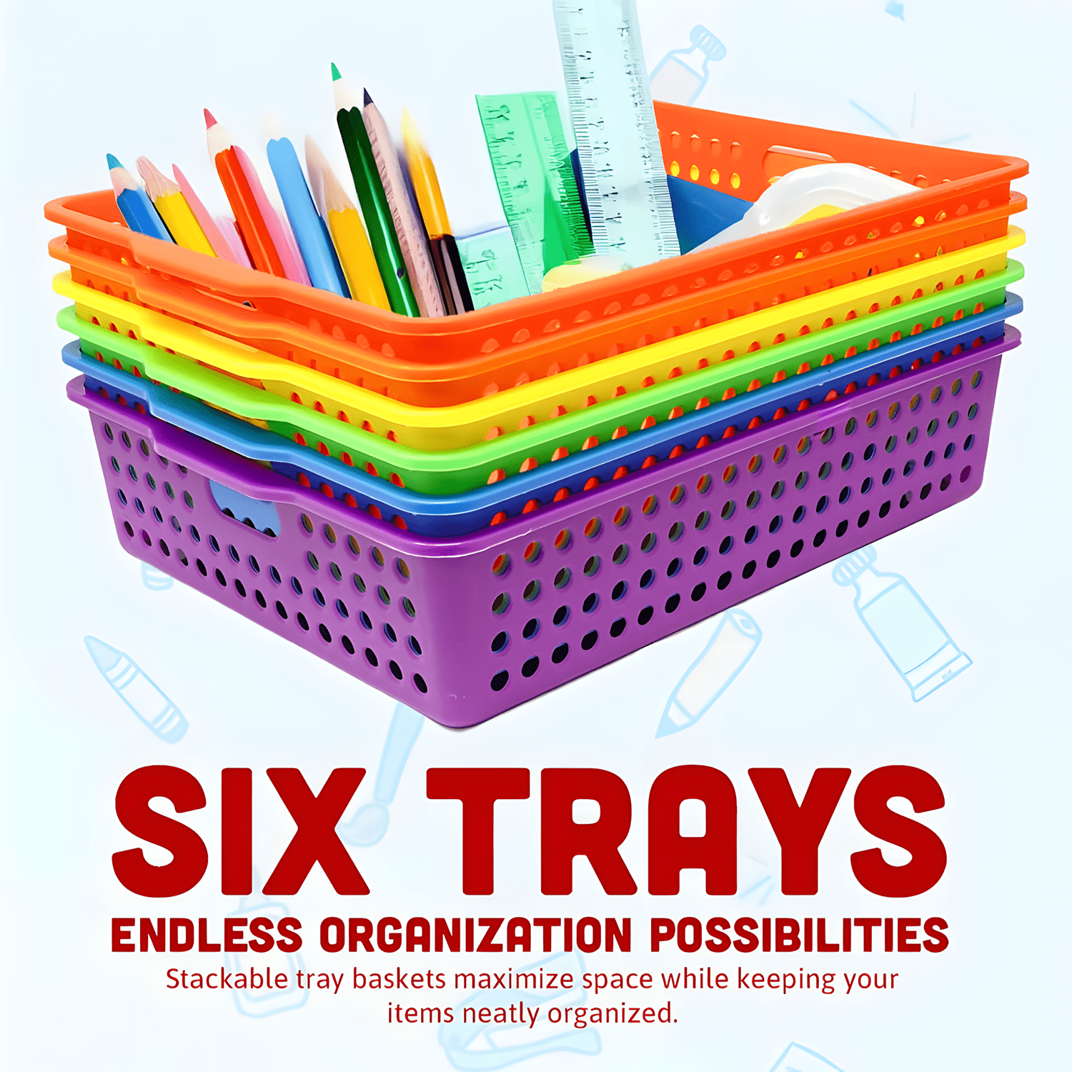 4E's Novelty 6 Pack Colorful Plastic Classroom and Office Storage Bins, A4 Paper Trays with Handles, Stackable