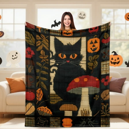 Halloween Flannel Blanket, Black Cat with Glowing Eyes, Pumpkins, Toadstools, Autumn Leaves Design, Soft Warm Throw for Couch Bed, Cozy Decor for Scary Movie Nights