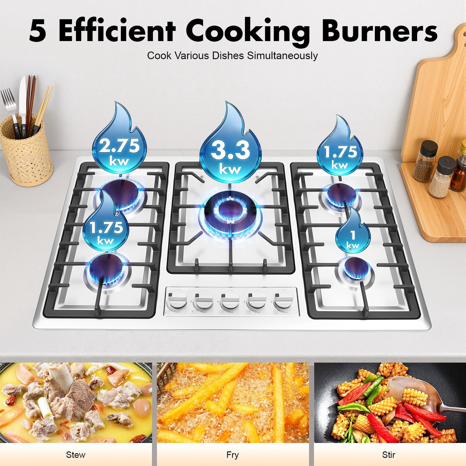 5 Burner Gas Hob, NG Built-in or Countertop Installation, Electronic Ignition, Stainless Steel Cooktop with Flame Failure Protection, Campervan Cooktops Cookers