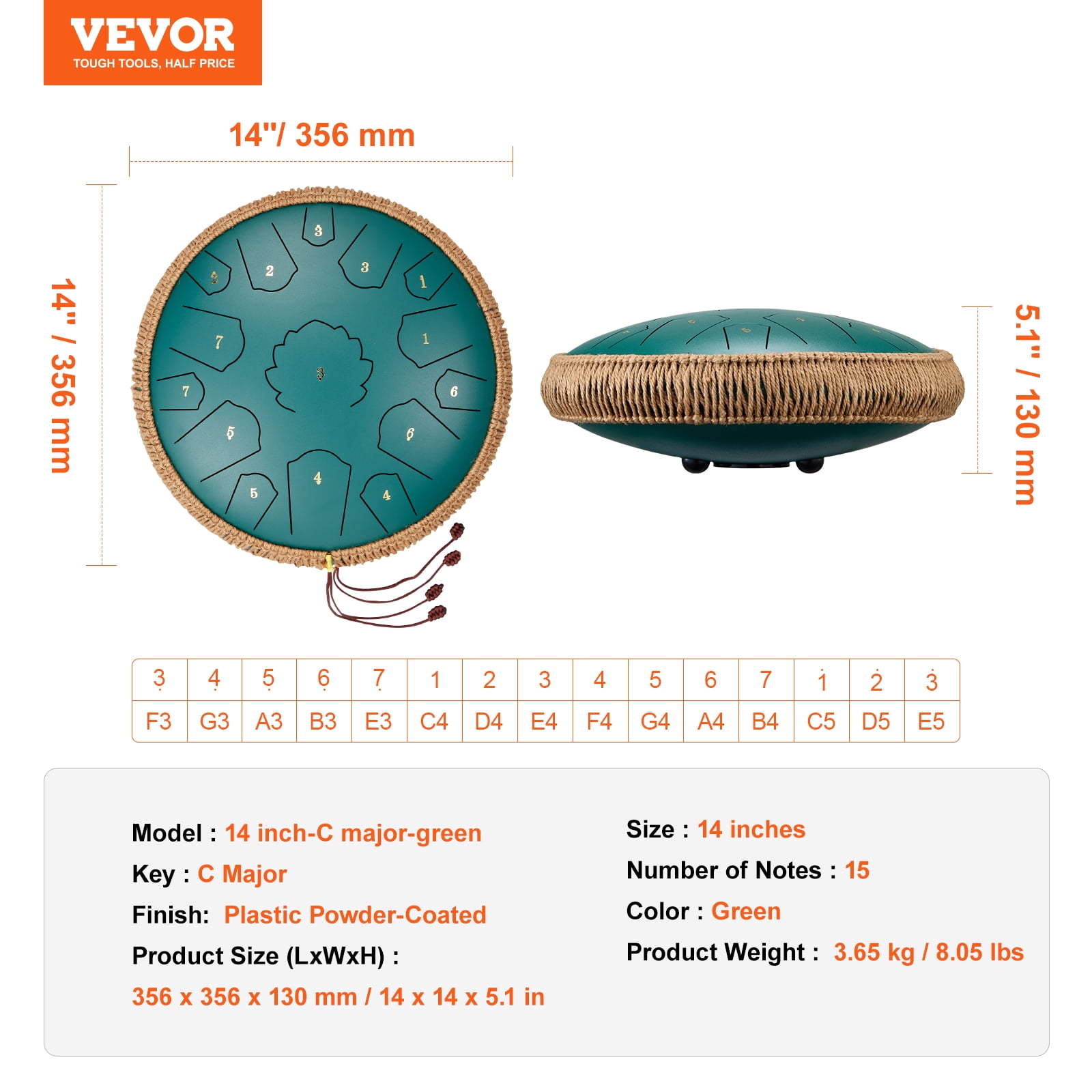 VEVOR Steel Tongue Drum, 14 in & 15 Notes, Rain Drum for Outside Garden, C Major Key, Tank Drum with 2 Mallets & Carry Bag, Hand Pan Drum Percussion Instrument for Musical Education Yoga, Green