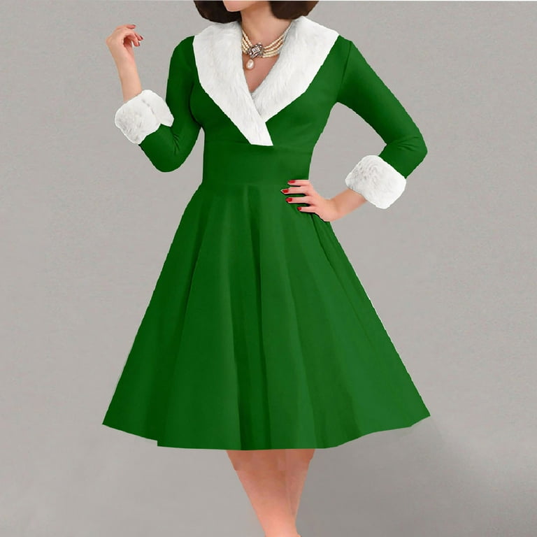 Fashion Vintage Xmas Dresses FAVIPT Womens Christmas Dress Vintage Dresses  Long Sleeve Furry V Neck Swing