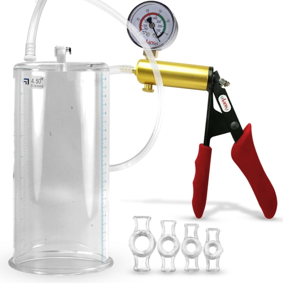 LeLuv Ultima Penis Pump, Brass w/ Red Handle, Silicone Grip, Clear Hose Gauge | 4 Cock Rings | 12" x 4.50" Cylinder