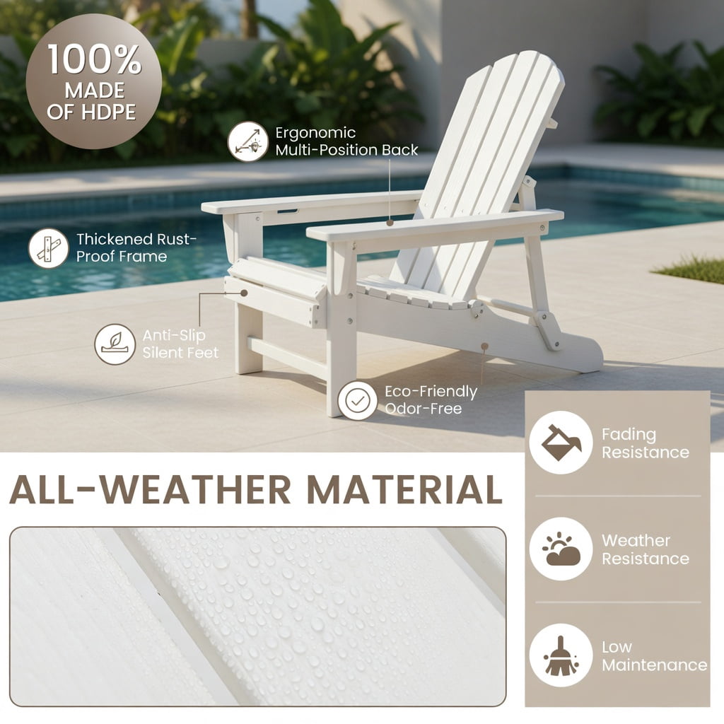Hommoo HDPE Outdoor Chaise Lounge Chair with 4-Position Adjustable Backrest, Weather-Resistant Patio Lounger for Poolside, Backyard & Porch, White