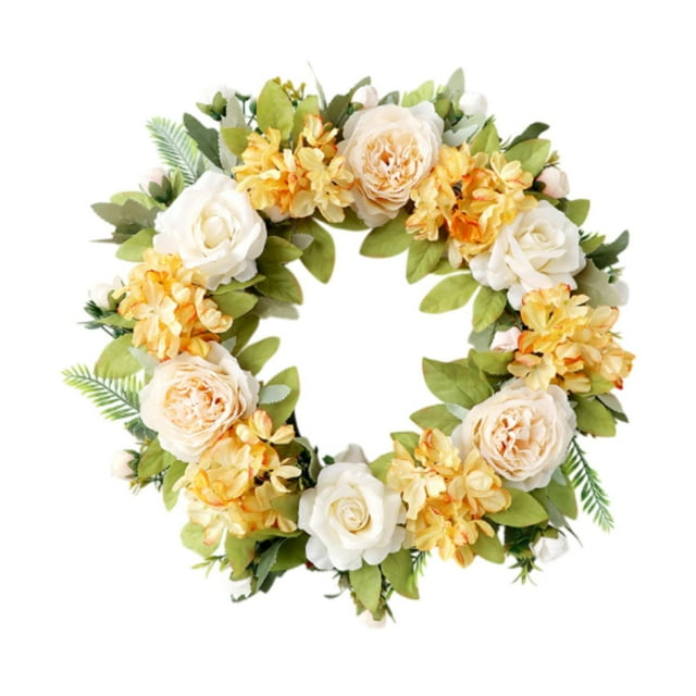 Corona de primavera para puerta de entrada, corona de flores artificiales, hojas verdes para inauguración de la casa. Champán