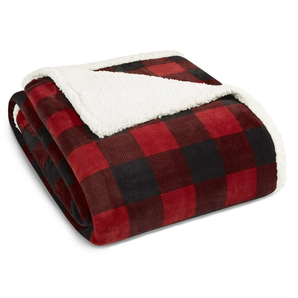 Eddie Bauer - King Blanket, Reversible Sherpa Fleece Blanket, Buffalo Plaid Bedding, Super Soft Cozy Home Decor (Red Check, King)