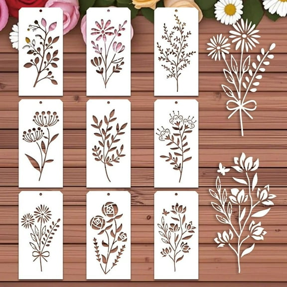 9 Pcs Wildflowe Stencils Painting 9 Styles Flower Leaf Painting Stencils Reusable Art Drawing Templates