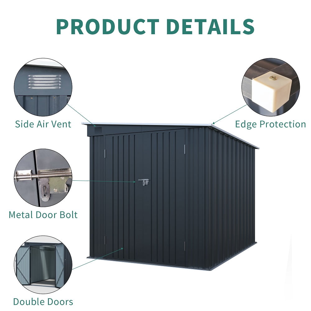 YDSM 6x8FT Galvanized Steel Outdoor Storage Shed with Lockable Double Doors, Metal Lean to Shed with Free PC Light Board for Tools, Bikes & Patio Essentials