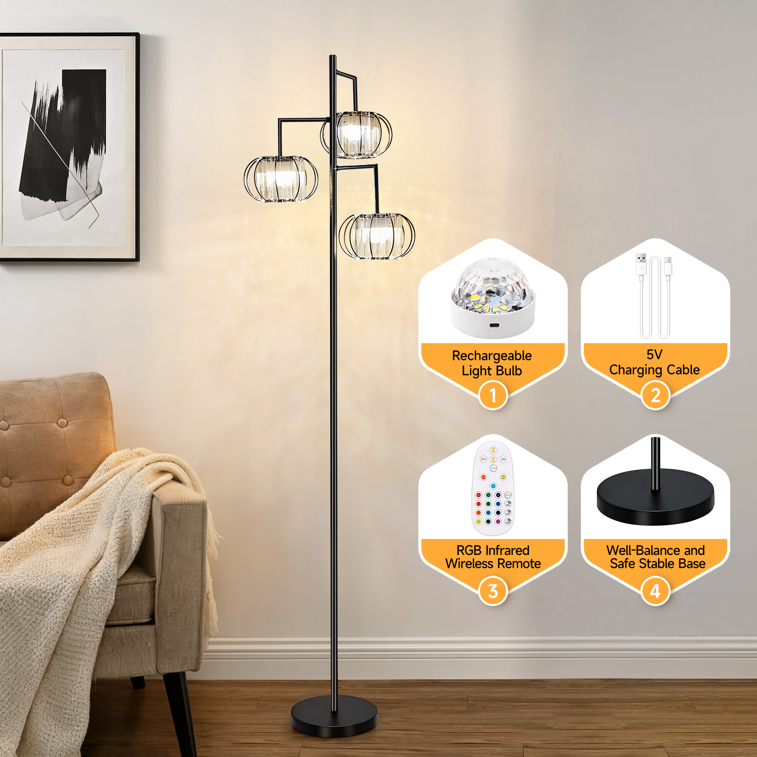 Crystal Floor Lamp with Wireless Rechargeable RGB Bulb, 15 Color Modes, Remote-Controlled Standing Light for Bedroom and Living Room