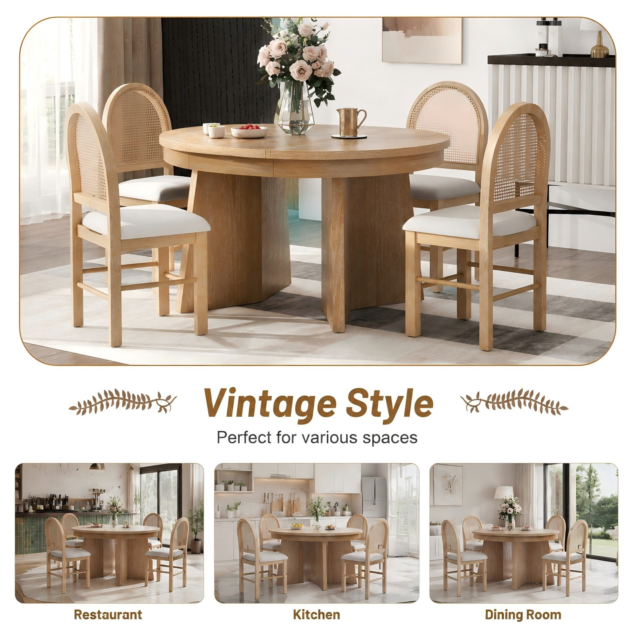 Aukfa 5-Piece Extendable Dining Table Set for 4, Kitchen Round Table with 4 Upholstered Rattan Back Chairs, Retro Dining Room Furniture, Natural Wood
