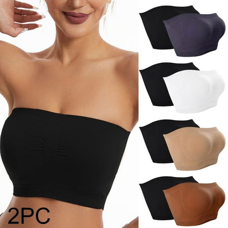 Dazajoo 2PCs Women s Non Padded Strapless Bra Underwire Bandeau Seamless Multiway Supportive Tube Top Comfy Breathable Underwear for Women Brown XL