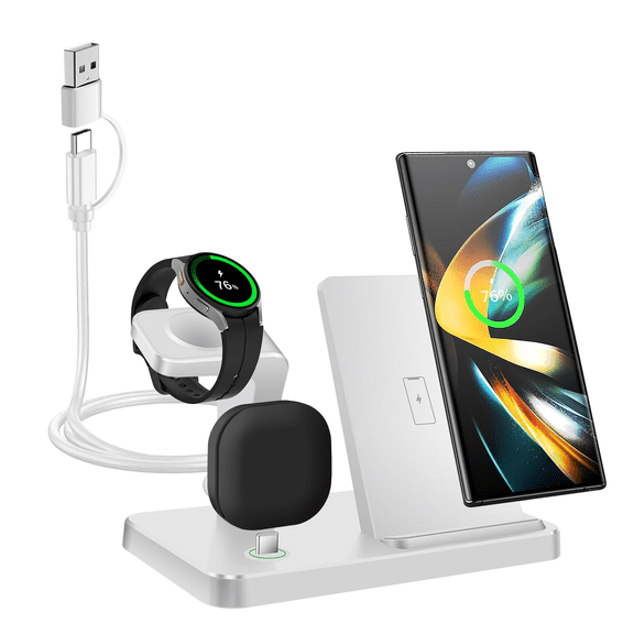 FU2136Wireless Charger for Samsung,3 in 1 Wireless Charging Station for Samsung Galaxy S25/S24/S23/Z Fold/Flip,Fast Phone Watch Charger Dock Stand for Galaxy Watch Ultra/7/6/5,Galaxy Buds (White)