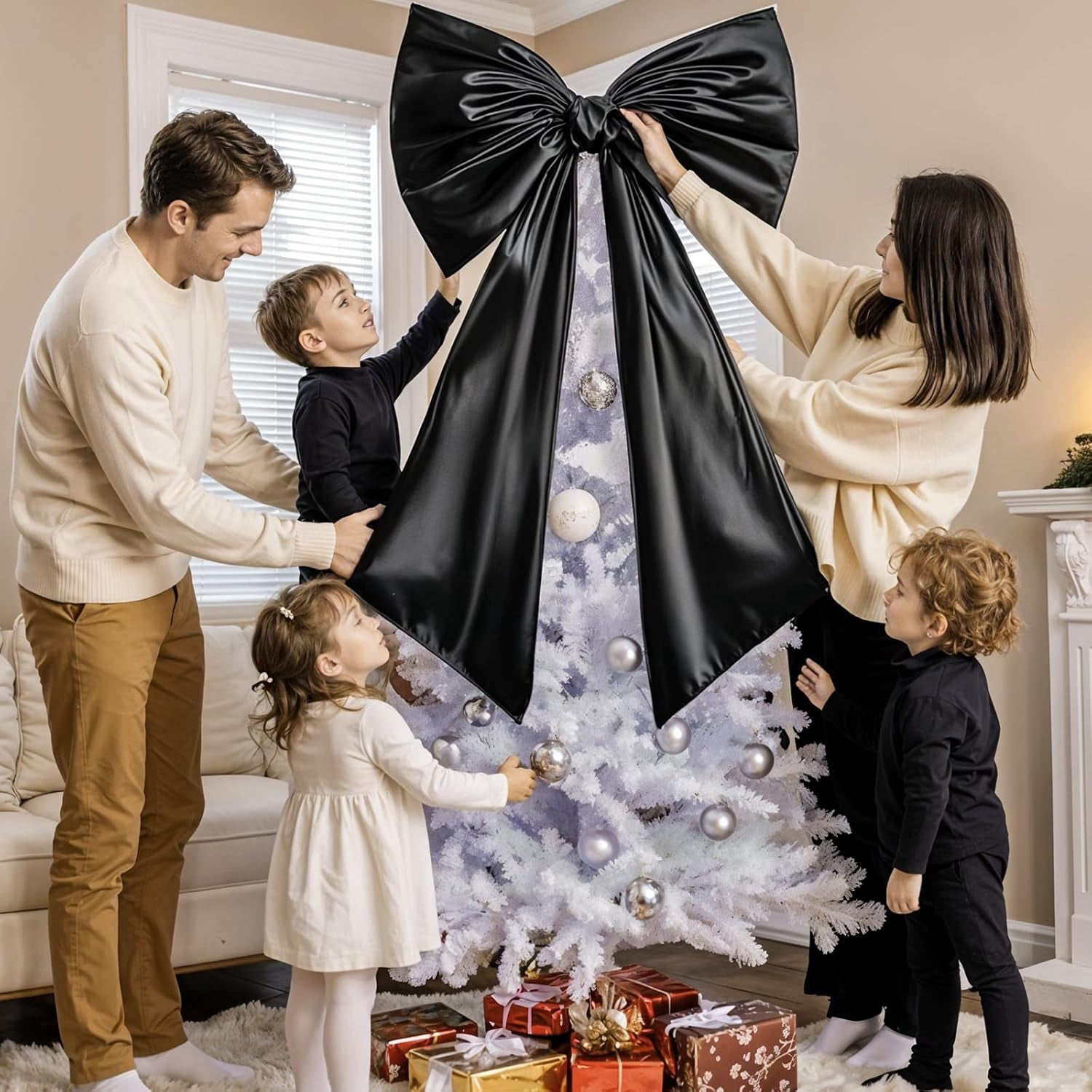 Black Bow Decor, 40 x 24 Inches Large Big Black Bow Party Decorations for Backdrop Birthday Wedding Bride, Huge Satin Ribbon Tie Hanging Wall Decor for Her (Satin, Internal Stability Layer)