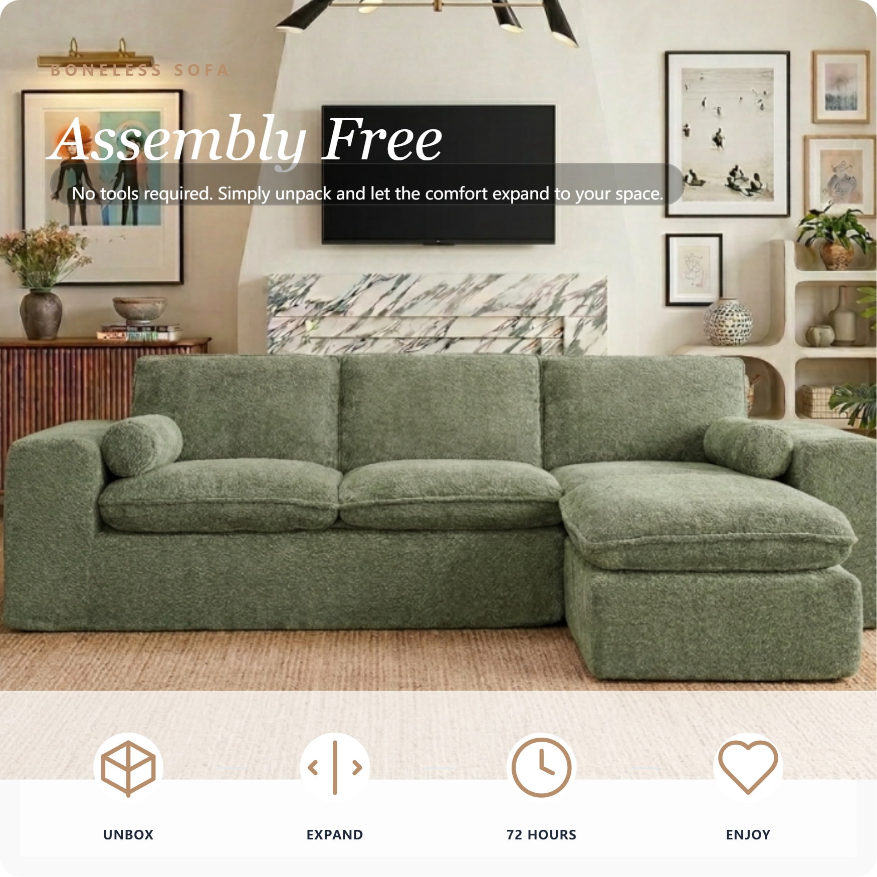 AISWORD 107" Modern Boucle Modular Sectional Cloud Sofa with Moveable Ottoman and Pillows