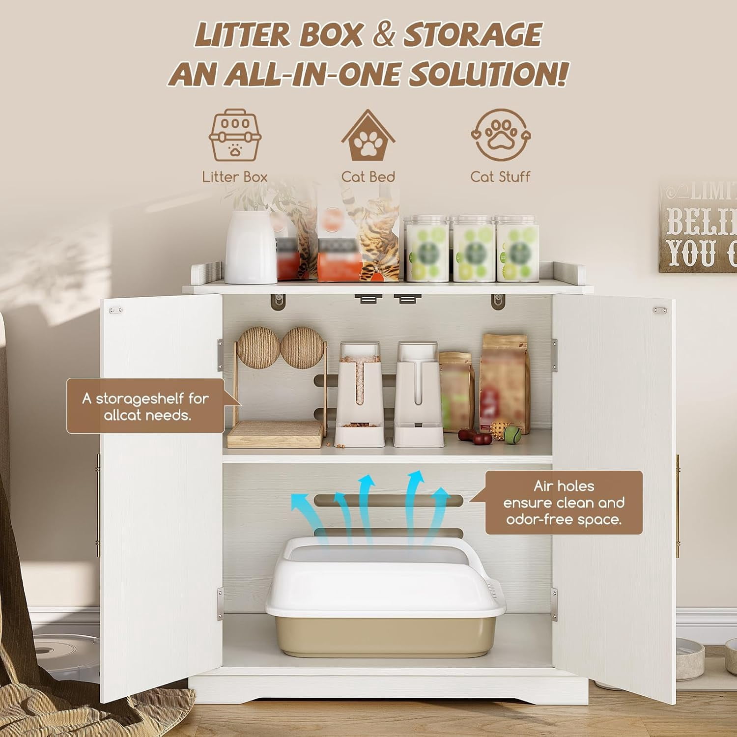 VEANERWOOD 33.5"H Hidden Cat Litter Box Enclosure Furniture Multi-Functional Cat Litter Box Washroom with Removable Dividers for Bedrooms, Living Room, Hallway