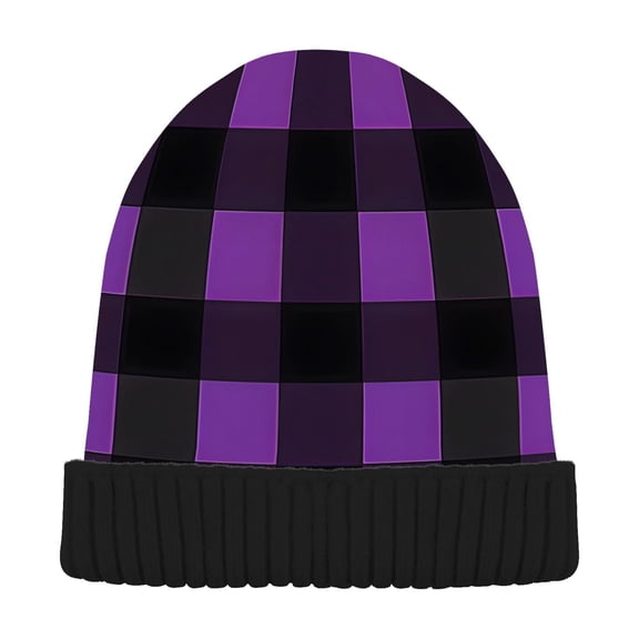 joogoo Purple Checkered Grid Pattern Beanie Hats Men Women Cuffed Skull Cap Winter Warm Knit Thick Beanies
