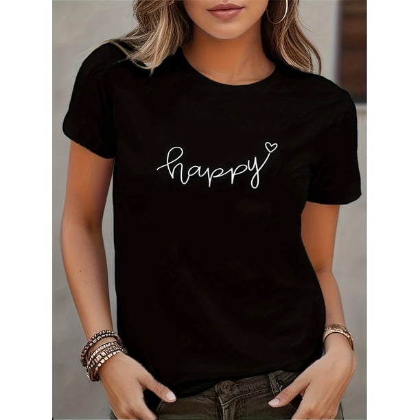 Women's Casual Short Sleeve T-Shirt With "Happy" Script, Classic White Tee For Everyday Wear, Comfortable Top With Round Neck – Fashion Sportswear Tee
