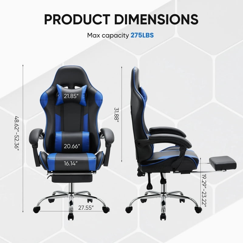 Kelno Ergonomic Gaming Chair with Headrest Pillow Lumbar Support Cushion PU Leather Swivel Recliner, Black Blue