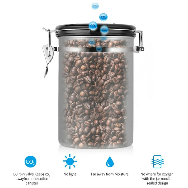 Contenant à Café Contenant de Stockage de Café Hermétique Contenant à Café Grand Contenant Hermétique en Acier Inoxydable Noir Rangement de Cuisine Argent 1,8l
