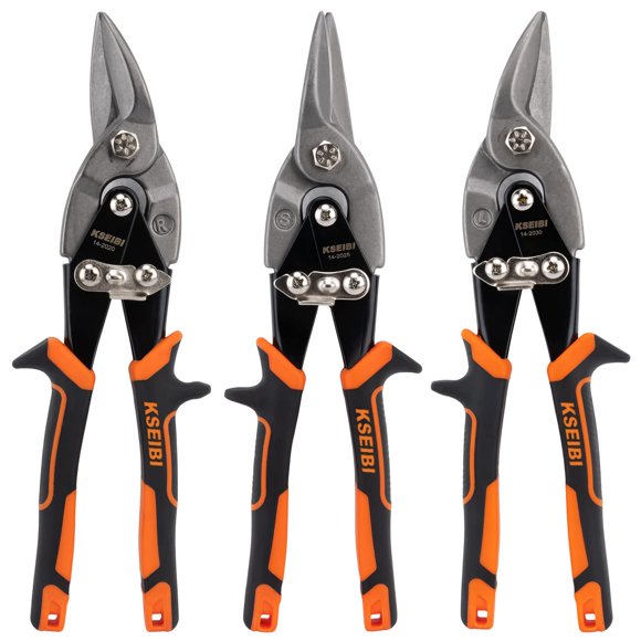 KSEIBI 142032 Sheet Metal Aviation Tin Snip Cutter Set 10 Inch Length 1 3/8 inch Cutting Capacity Straight Left and Right 3 Pack