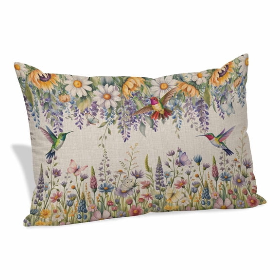 Spring Floral Pillow Covers, Linen Long Throw Pillow Case, Daisy Sunflowers Wisteria Hummingbird Beige Holiday Pillow Protector Decorative Cushion Cover for Living Room/Bedroom 16" x 24"