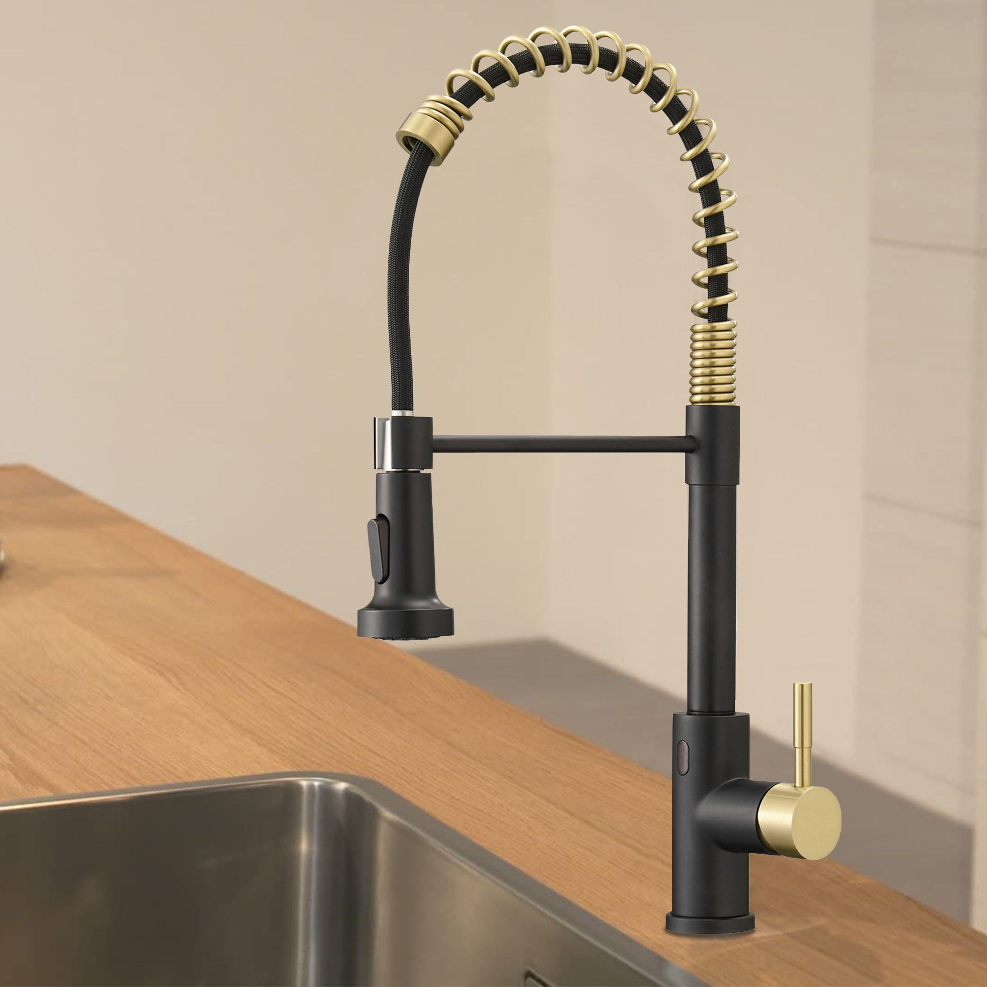 ANGELES HOME Touchless Kitchen Faucet with Pull Down Sprayer, Motion Sensor Smart Hands-Free Activated Single Hole Spring Faucet for Kitchen Sink, Matte Black&Brushed Gold