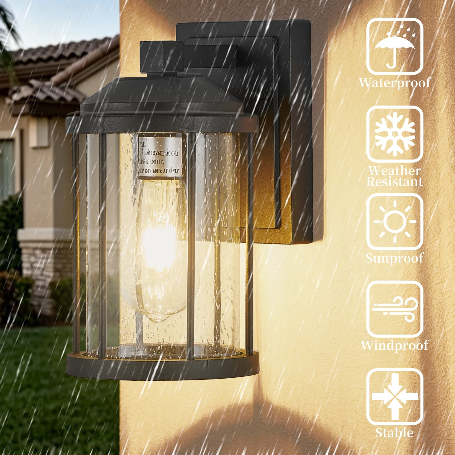 Set of 2 Outdoor Wall Sconces with Seeded Glass and Black Finish, Exterior Porch Lanterns for House and Garage, Black