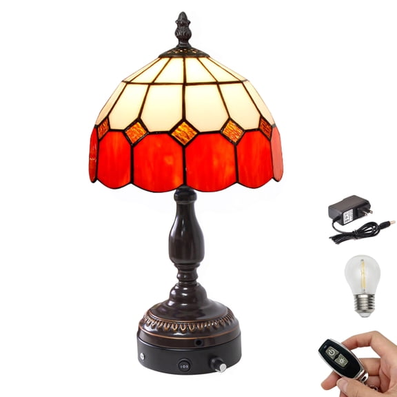 Kiven Cordless Table Lamp, Dimmable Bedside Lamps for Nightstand with Red Glass Lampshade, Tiffany-Style Rechargeable Desk Lamp for Reading Home Decor Bedside,1-Light