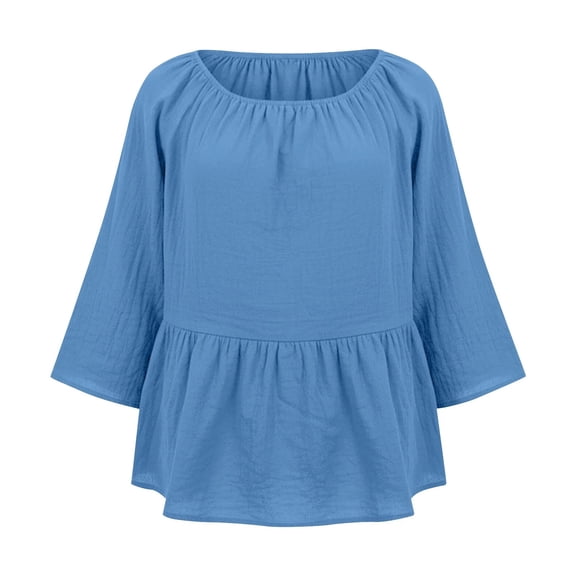 Huowey Oversized Tshirts For Women Solid Color Stylish Long Sleeve Boat Neck High Waist Lightweight Long Shirt Button Down Breathable Ruffles Loose Fit Casual Fashionable Summer Tunic Tops,Blue,M