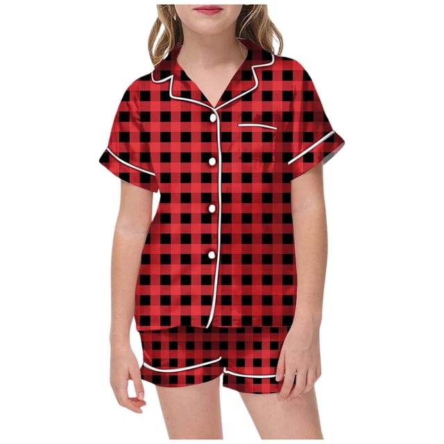 LUOGENLI Pyjama pour Filles Taille 12 Pyjama de Noël pour Filles Imprimé Haut à Boutons à Manches Courtes Short Ensemble de Pyjama pour la Maison Rouge Taille 6-7 Ans