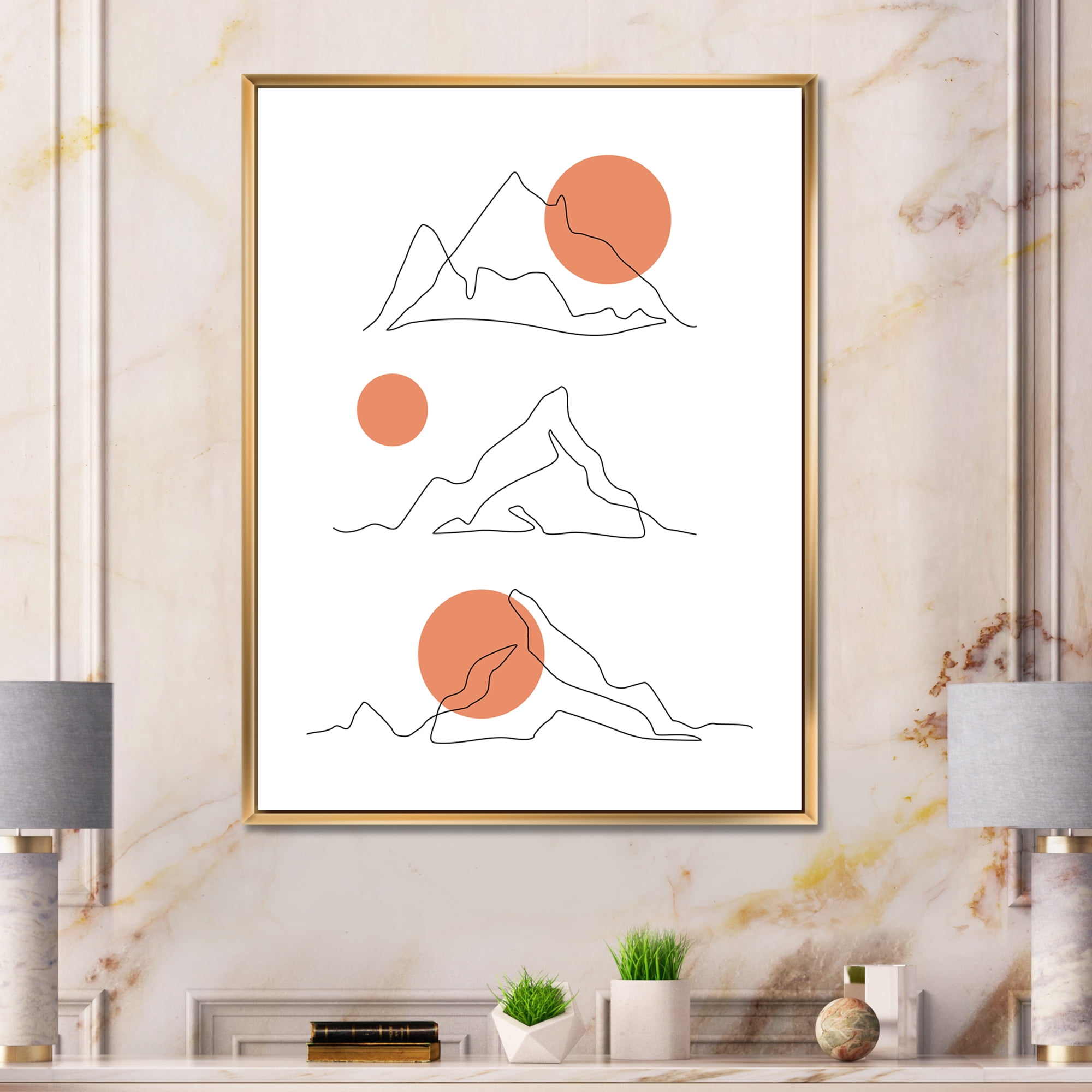 Designart 'Abstract Red Moons With Mountain Range' Modern Framed Canvas Wall Art Print