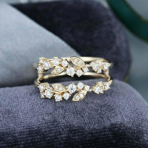 Silver & Stone Jewels Leaf Vine Ring Set 14K Yellow Gold Plated Cubic Zirconia Stackable Rings for Women, Nature-Inspired Design