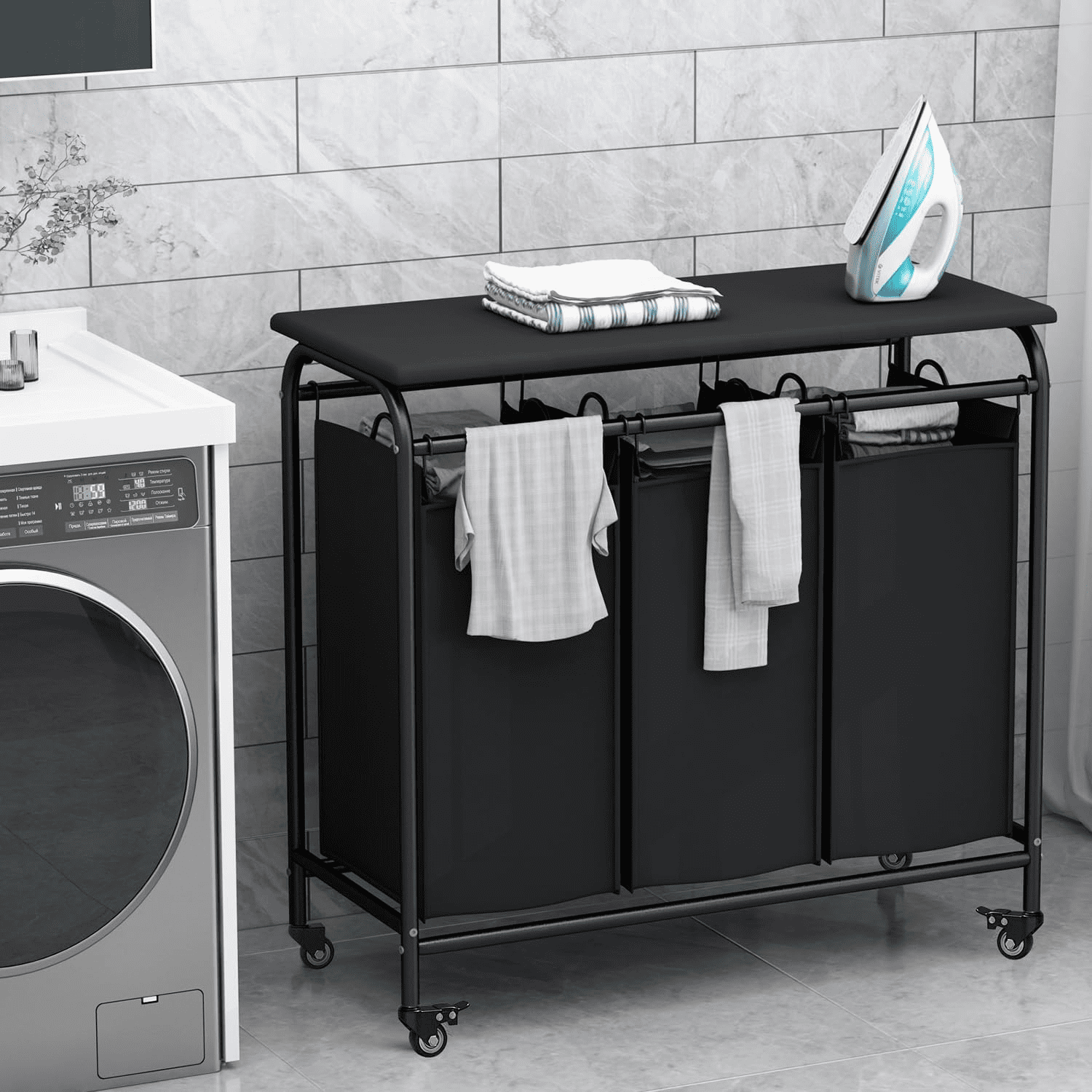 3 Bag Laundry Basket Sorter Heavy Duty Rolling Lockable Wheels Laundry Hamper Cart with Ironing Board and Removable Bags, Black
