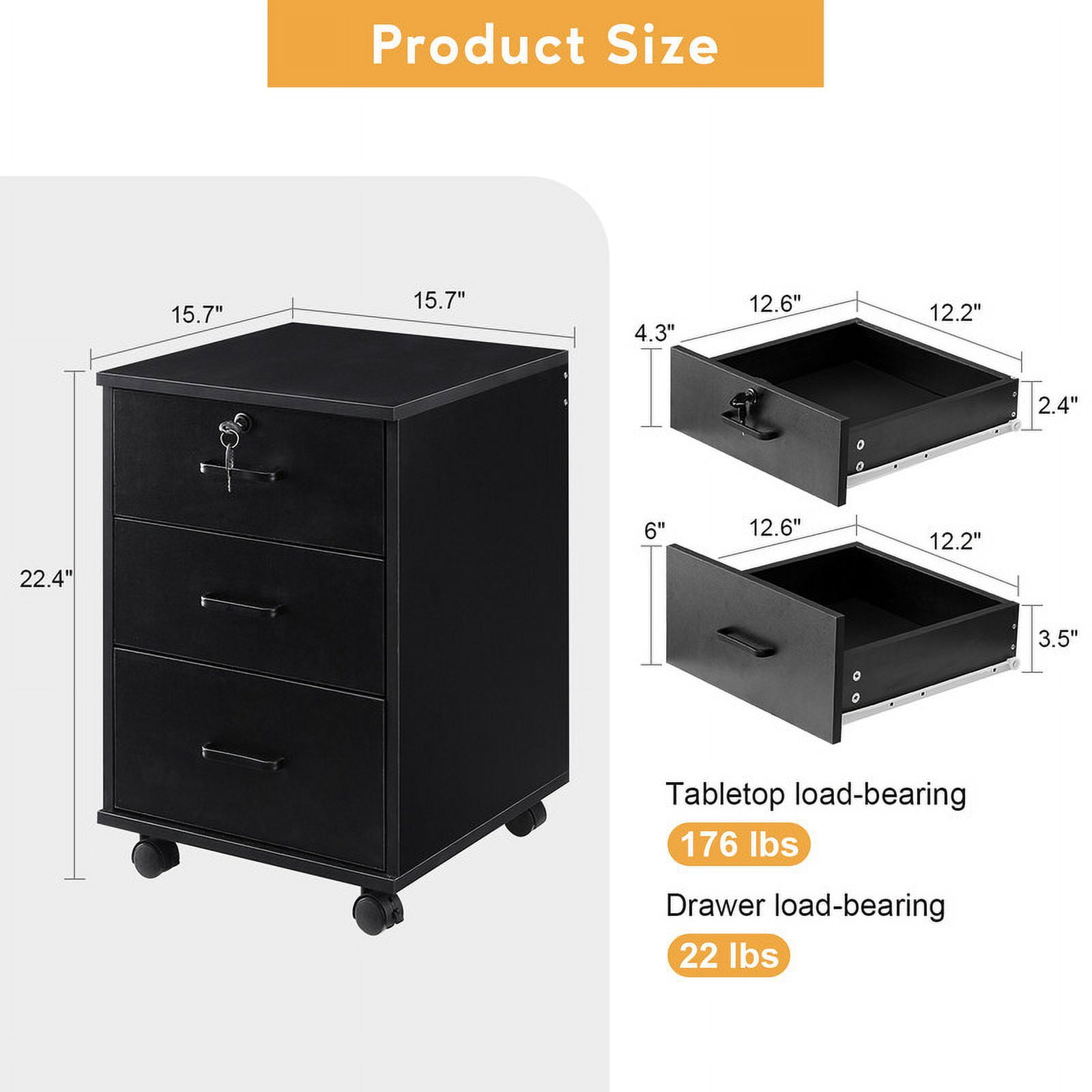 Clipop Set of 2 Mobile File Cabinet 3 Drawers,Lockable Wooden Cabinet,for A4 Sized Documents,Black