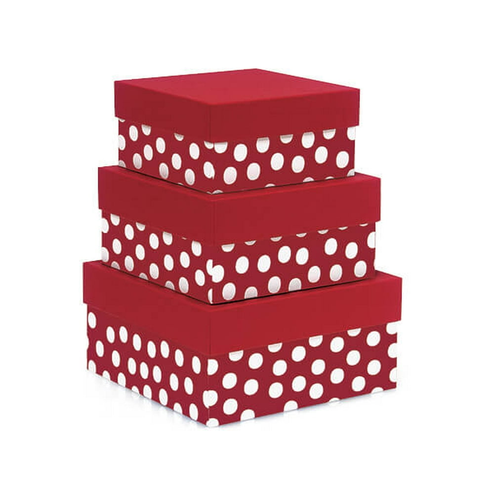 Pack of 1, Polka Dot Red Nested Boxes Large 3 Piece Square Gift Boxes
