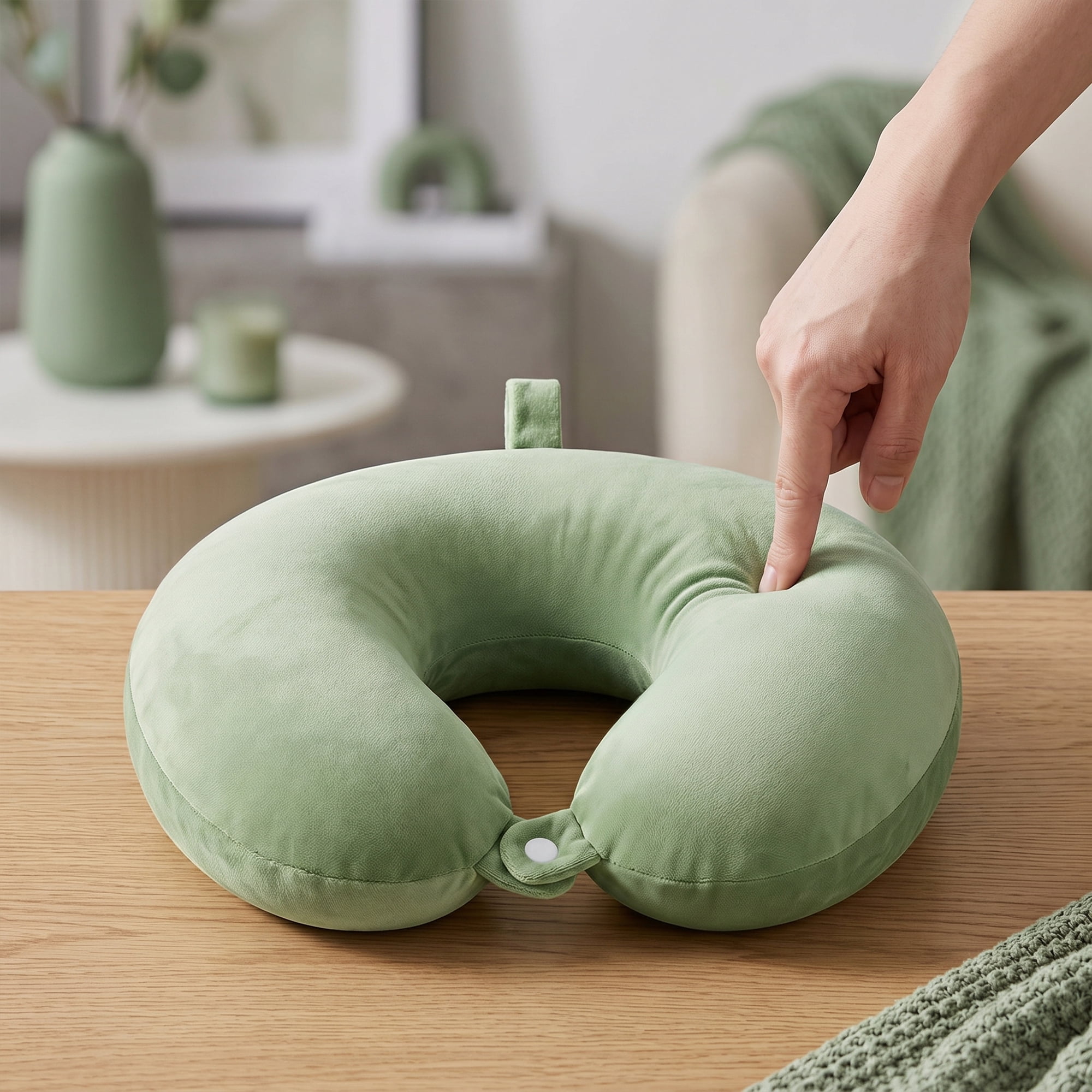 Unique Bargains Memory Foam Travel U Shape Neck Pillow Snap Closure Bean Green 12"x12"x4"