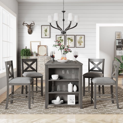 5 Pieces Counter Height Rustic Farmhouse Dining Room Wooden Bar Table Set With 4 Chairs Gray Walmart Com Walmart Com