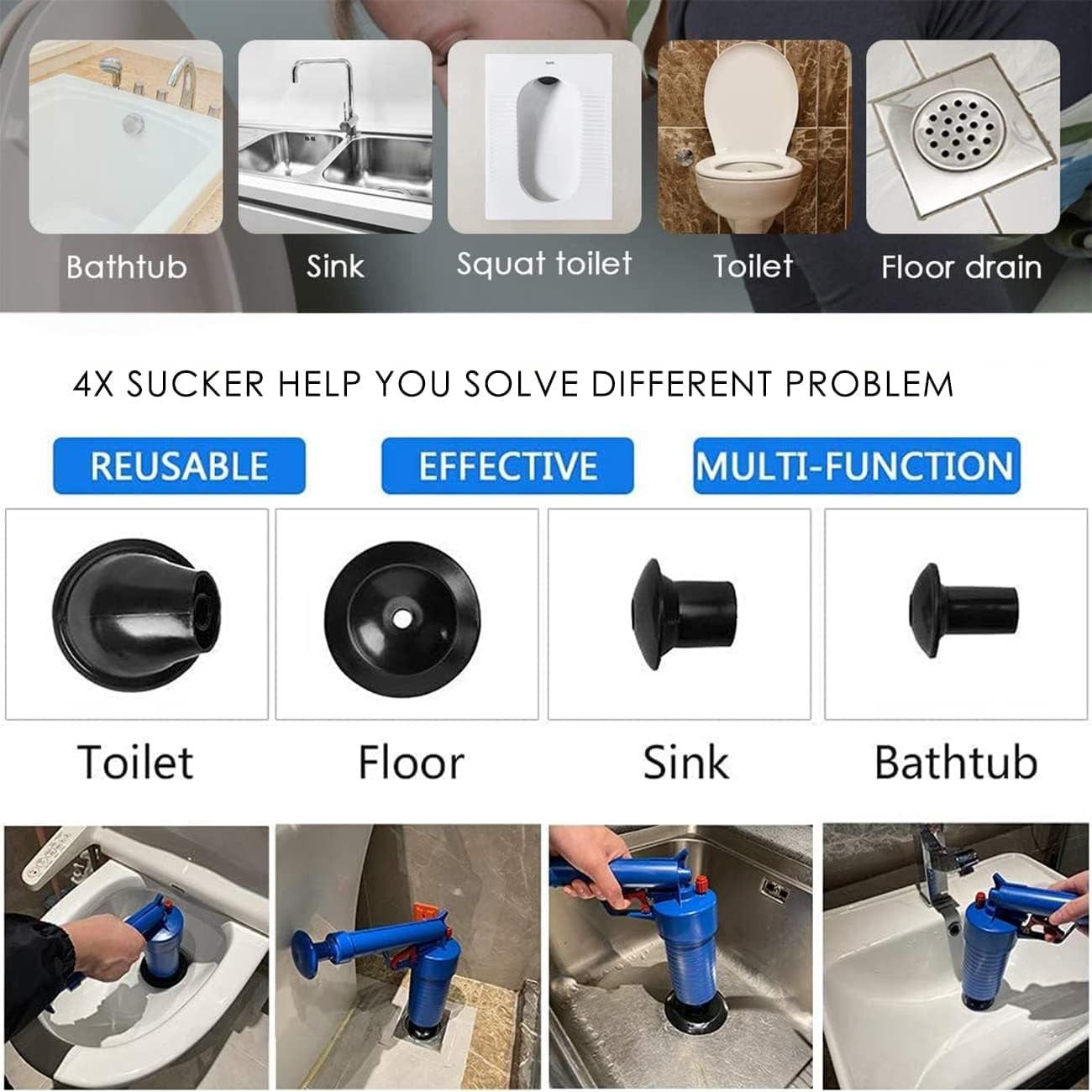 High Pressure Air Drain Blaster Gun with 4 Suckers, Toilet Plunger & Pipe Clog Remover for Bathroom, Kitchen, Sink, Bathtub, Floor Drain