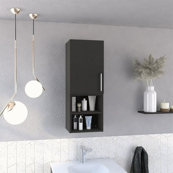 Dtwnek Single Door Wall Cabinet, 2 External Shelves, Metal Handle, 2 Interior Shelves, Black