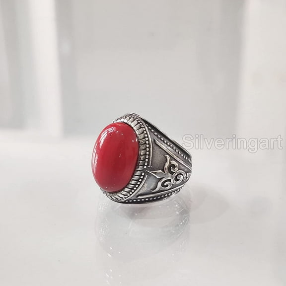 NEW Coral Mans Ring, Natural Red Coral Ring, Unisex Ring, Silver Jewelry, 925 Silver Ring, Birthday Gift, Heavy Mens Ring, Arabic Design, Ottoman Style Ring, Christmas, Turkey Mens Signet Ring