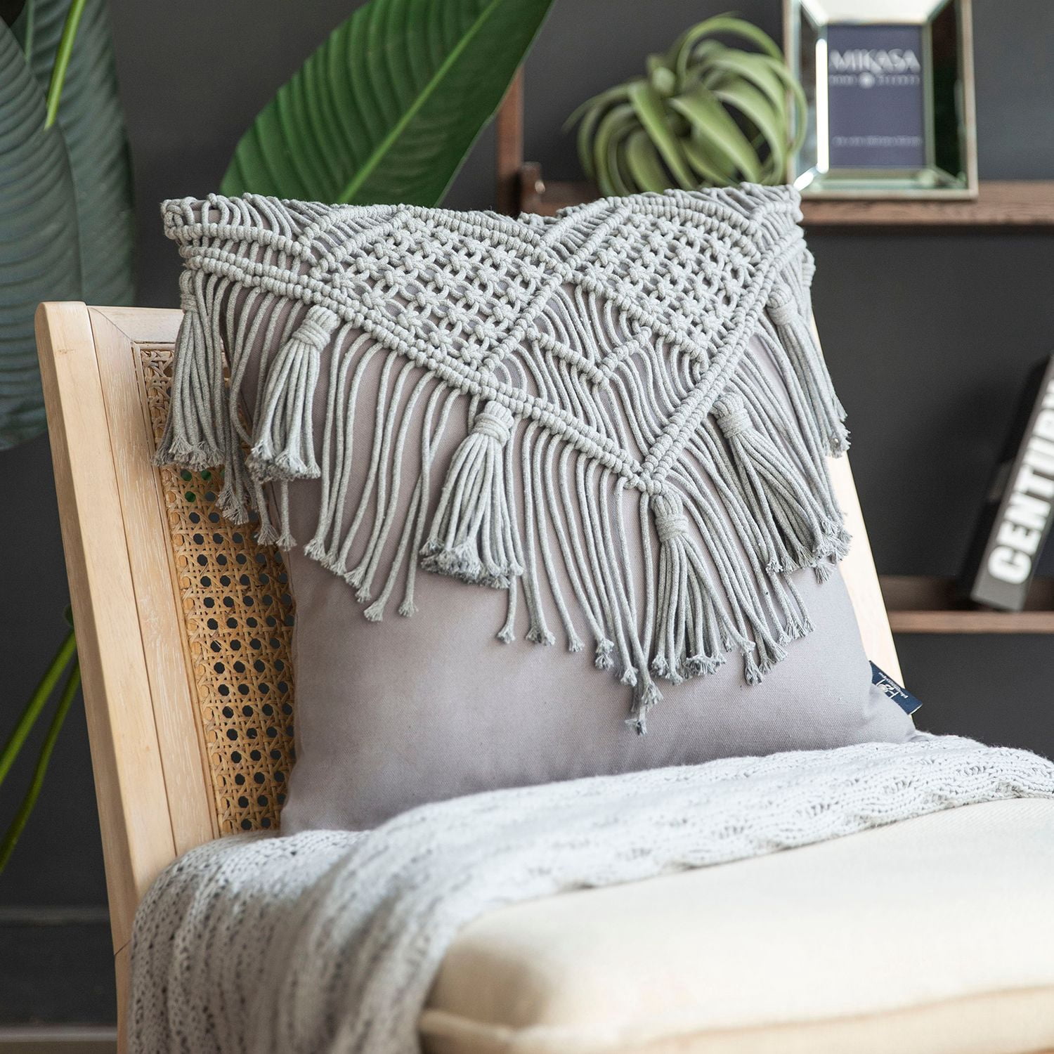 Phantoscope 100% Cotton Handmade Crochet Woven Half Covered Throw Pillow, 18 x 18 in Square Cushion with Tassels, Boho Style, Light Gray, 1 Pack